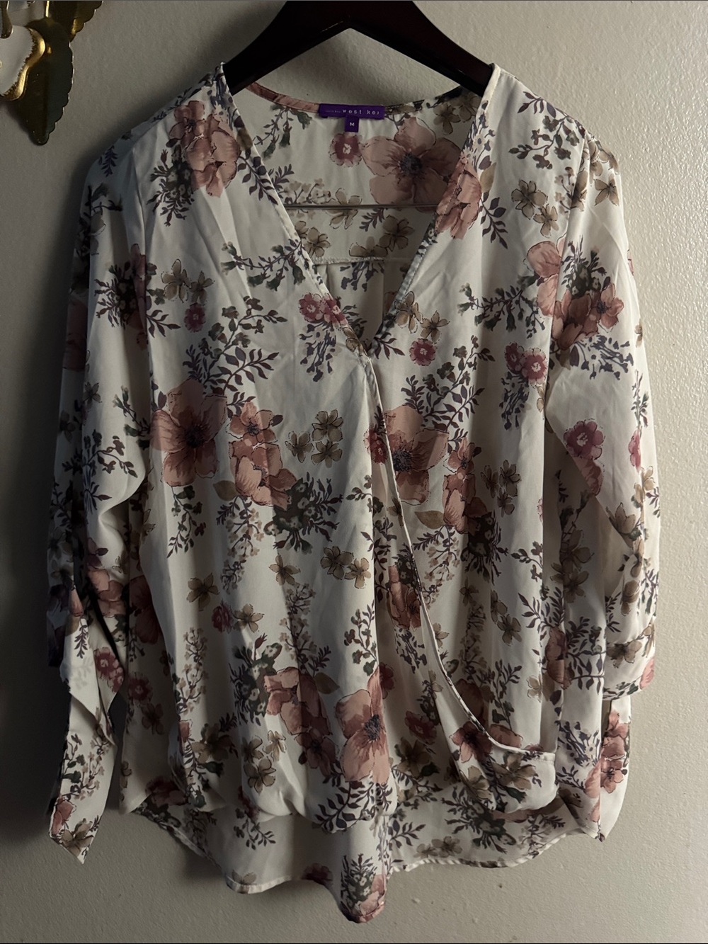 Floral Wrap Blouse - White with Pink & Brown Floral